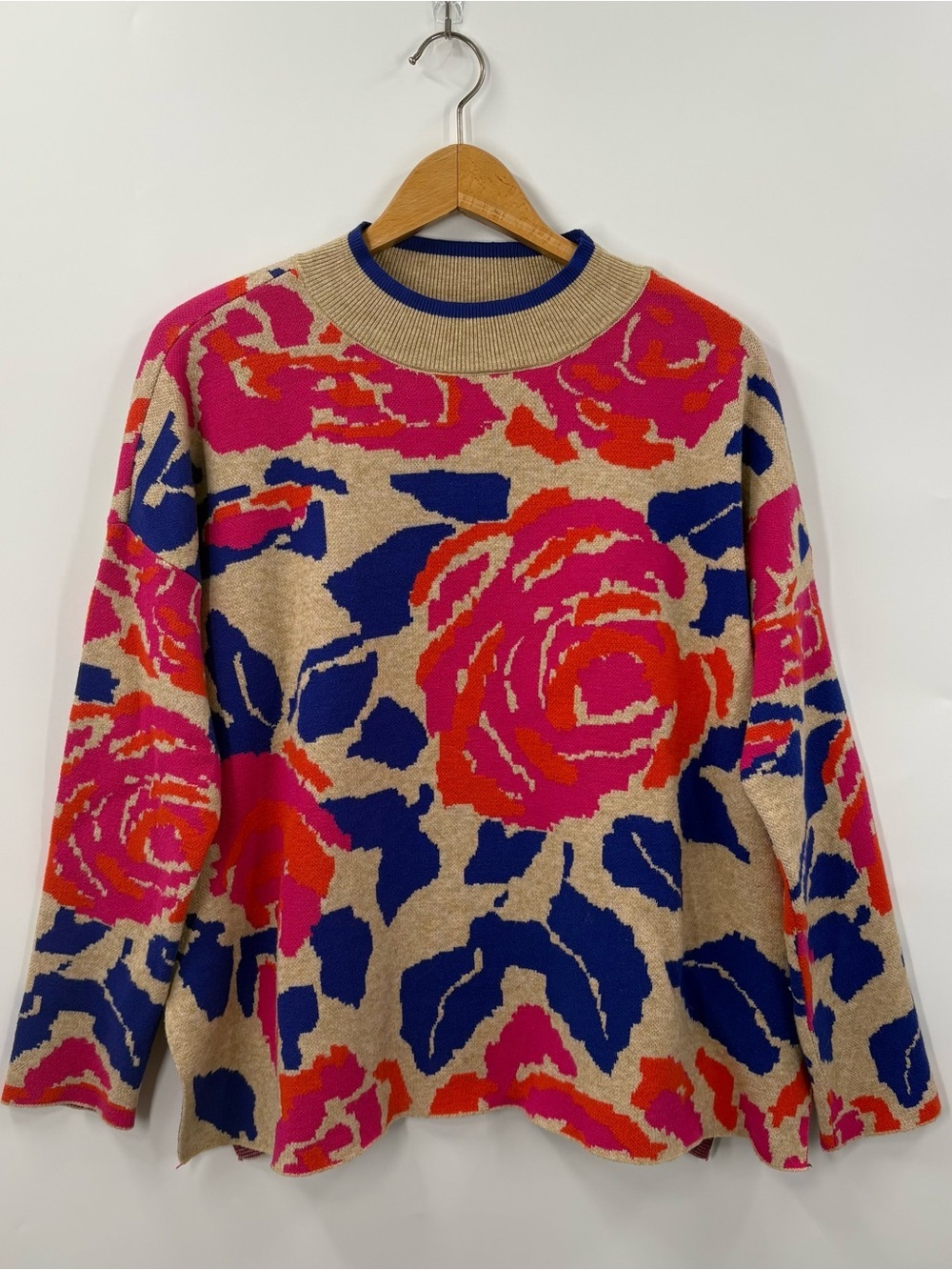 JODIFL Bloom Floral Mockneck Oversized Sweater with Pink & Blue Print size Small - Picture 2 of 9